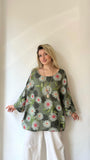 Haki Yeşil, %100 Pamuk, Çiçek Desenli, Kolyeli Bluz