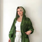 Yeşil, %100 Keten, Kapüşonlu, Beli İp Bağlamalı, Cepli, Çiçek Desenli Ceket