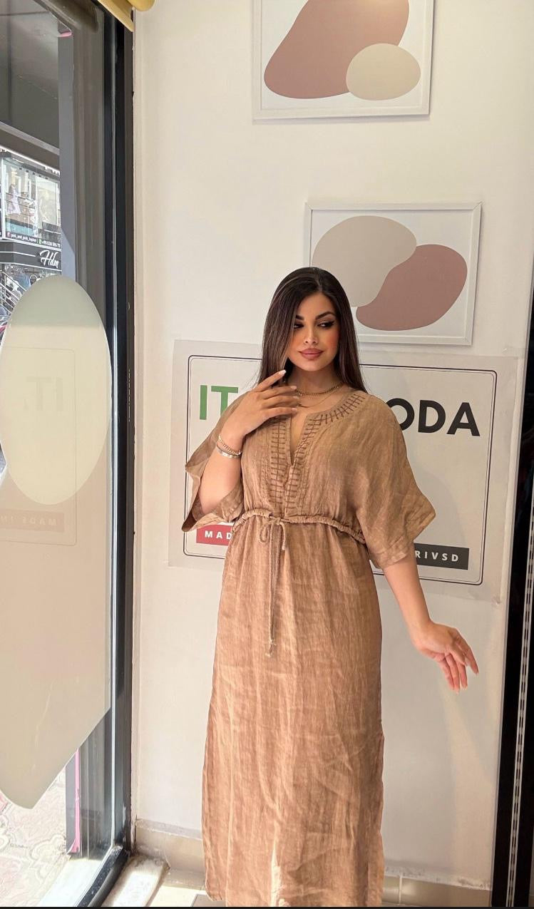 Camel, %100 Keten, V Yaka, Eteği Yanlardan Yırtmaçlı, İtalyan Kimono Elbise / STD Beden-38/46