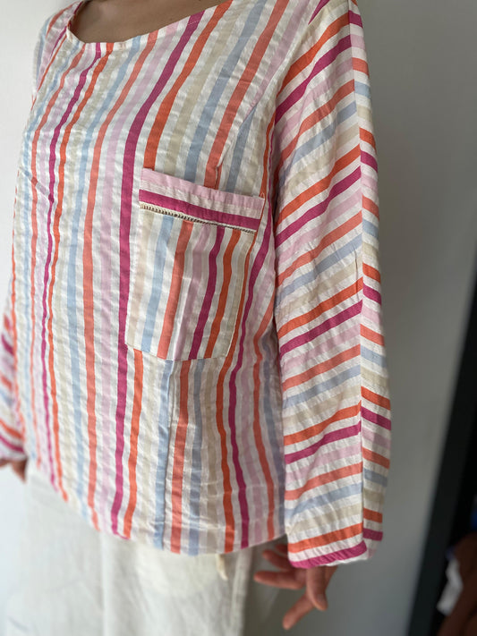 Kırmızı Turuncu, Çizgili, Gofre Koton Bluz