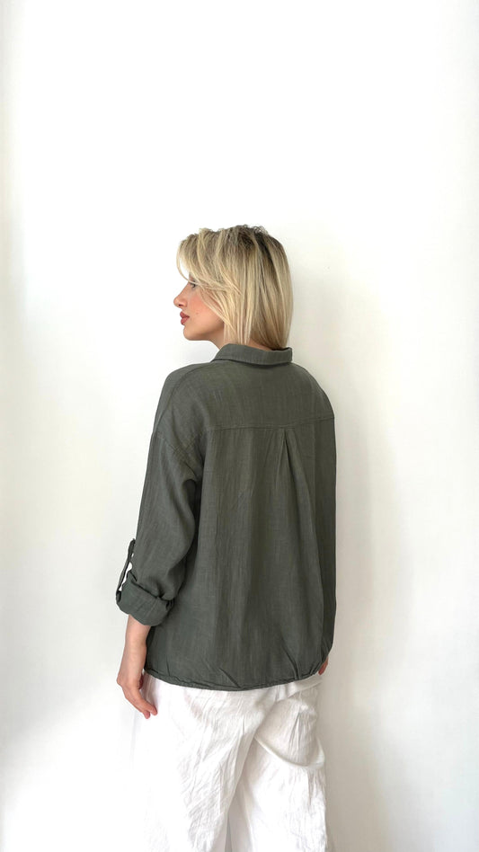 Haki, %100 Pamuk, Cepli, Beli İp Bağlamalı Gömlek