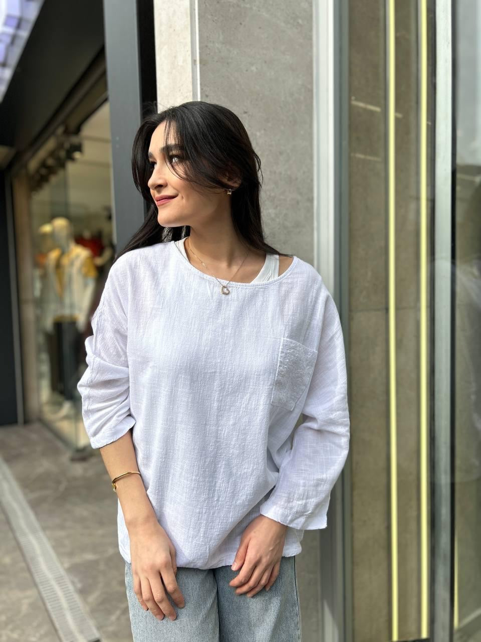 Beyaz, %100 Pamuk, Cep Kısmı Payet İşli, Beli İp Ayarlı, Dokulu Bluz/Gömlek / STD Beden, 36/42