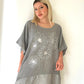 Gri, Çiçek Desenli, Pamuk-Keten, Oversize, Payetli Bluz