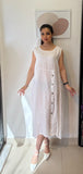 Beyaz, %100 Keten, Düğme Detaylı Elbise, STD Beden, 38-46