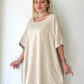 Bej, Sırtı Örgü Dantelli, Cepli, Keten-Pamuk Oversize Elbise