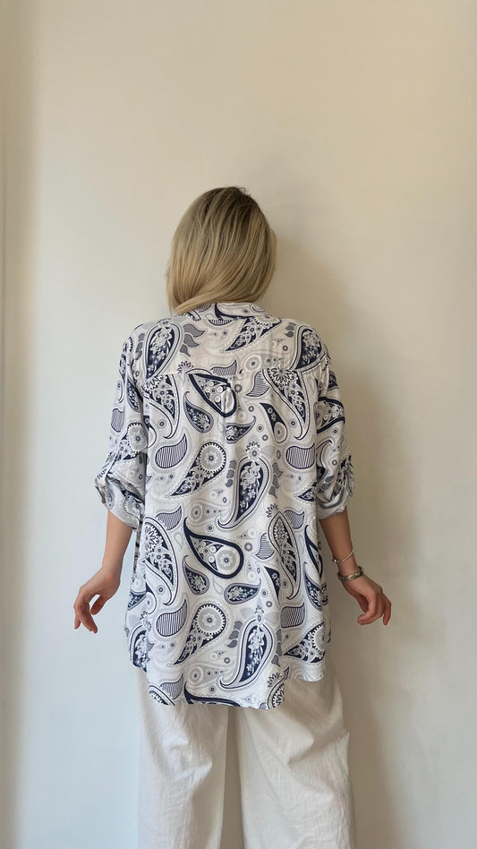 Beyaz, %100 Viskon, Şal Desenli Gömlek