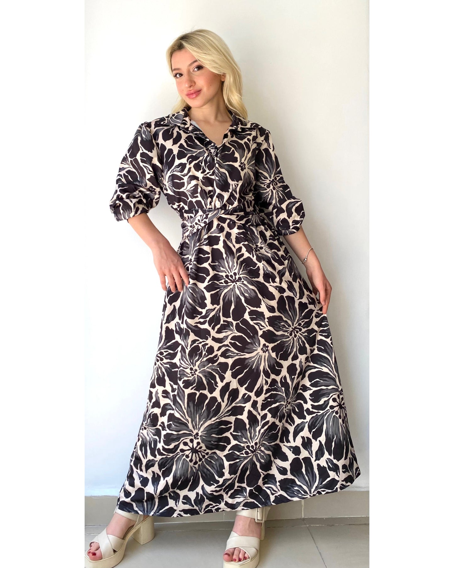 Çiçek Desenli, Beli Lastikli, Uzun Elbise