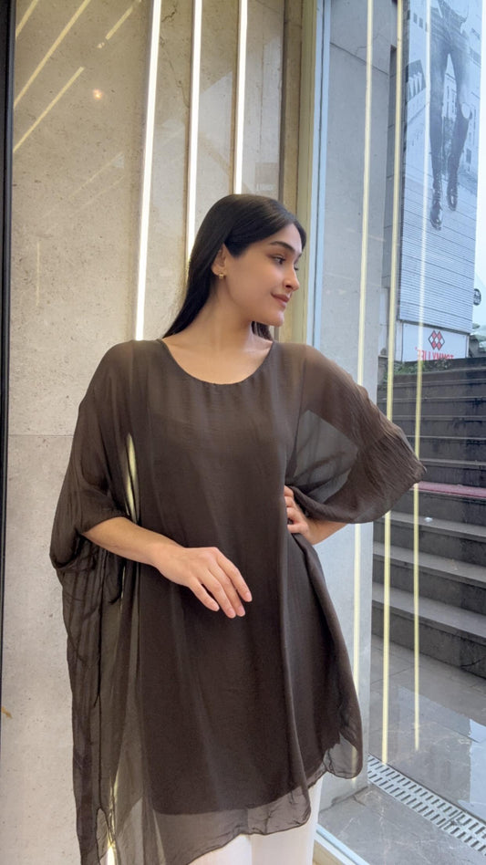 Kahve, Astarlı İpek Bluz / Tunik Gömlek / STD Beden, 38/46