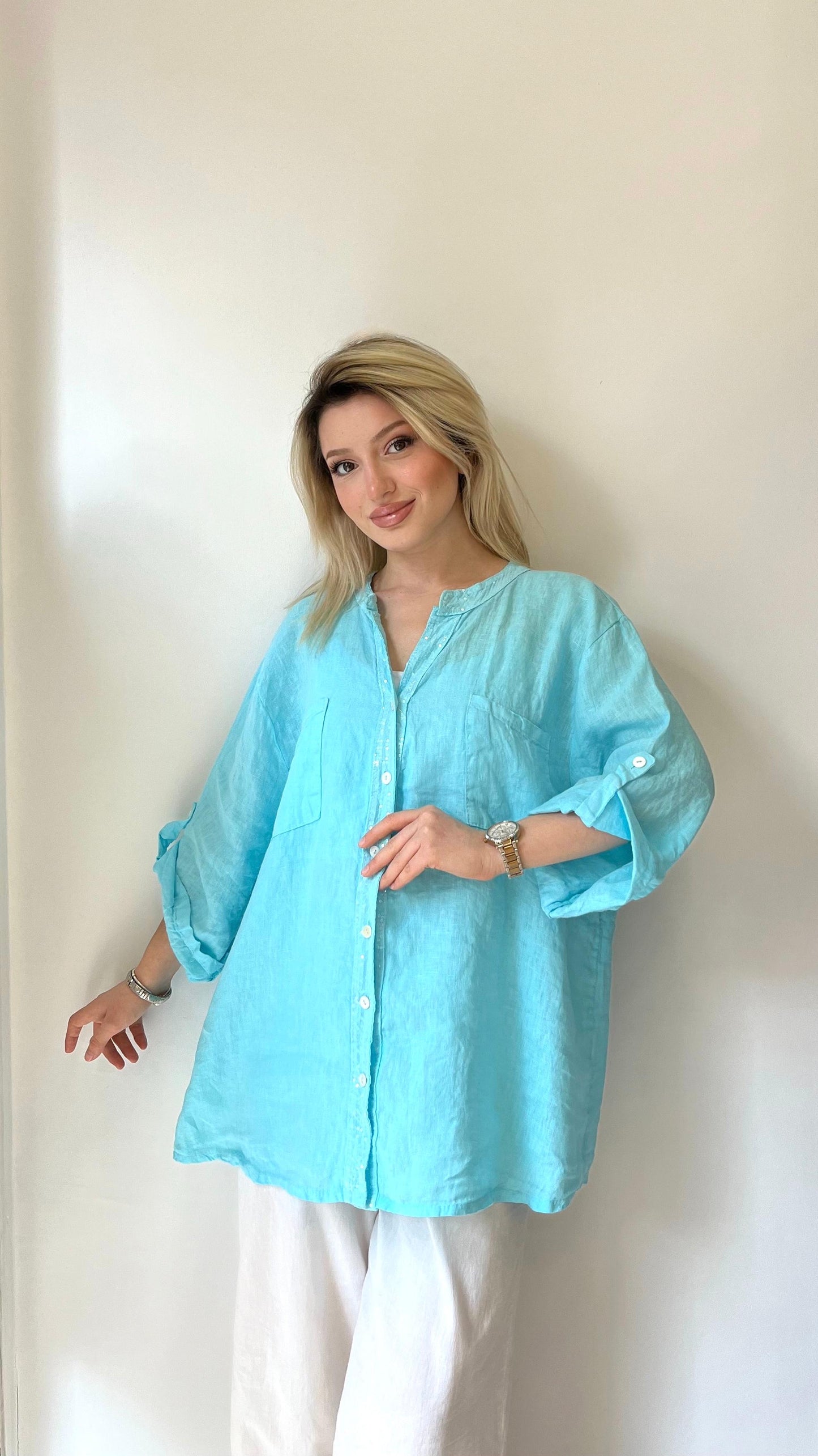 Açık Mavi, %100 Keten, Sırtı Dantel Detaylı Gömlek