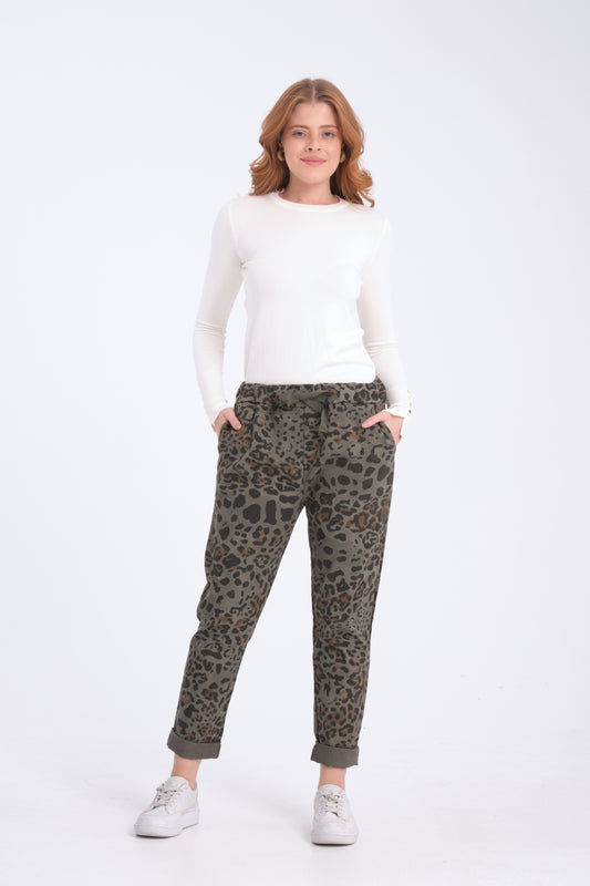 Haki, Leopar Desenli, Beli Lastikli, Cepli, Jogger Pantolon