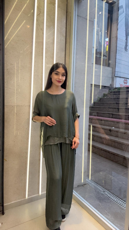 Haki, Payet İşli, Astarlı İpek Bluz / Gömlek / STD Beden, 36/44