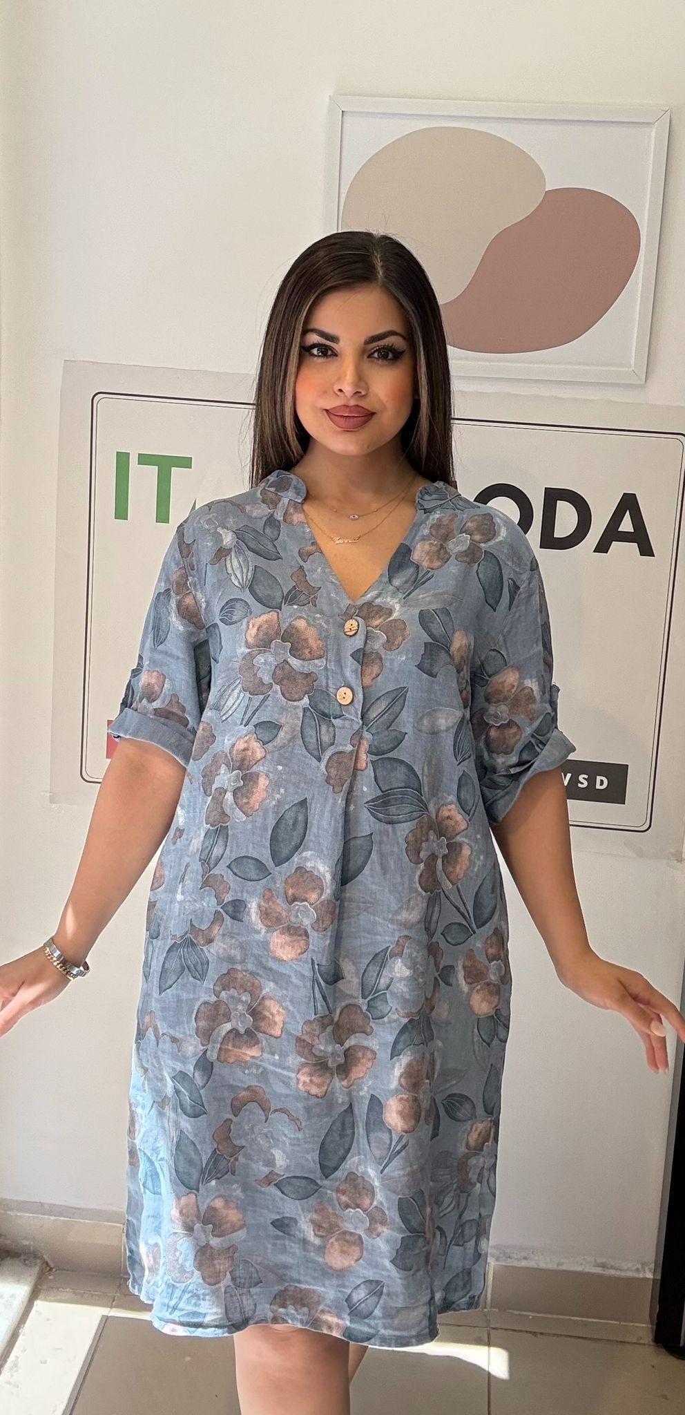 Mavi, Çiçekli, %100 Keten İtalyan Elbise, Bol Kesim, V Yaka, Cepli / STD Beden-38/46