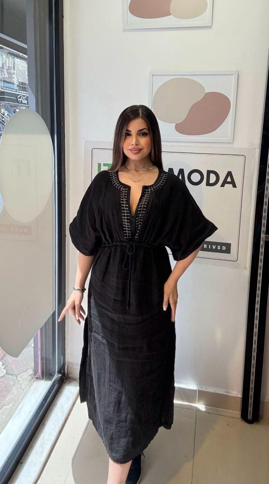 Siyah, %100 Keten, V Yaka, Eteği Yanlardan Yırtmaçlı, İtalyan Kimono Elbise / STD Beden-38/46