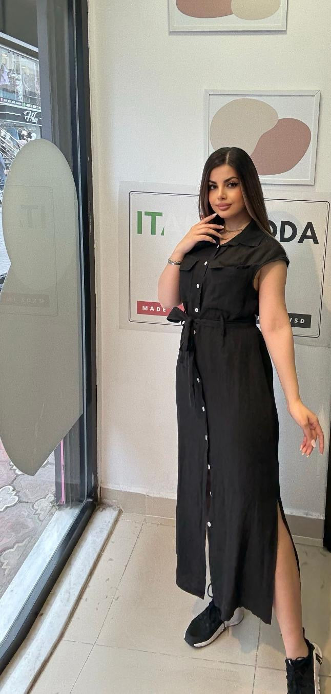 Siyah, %100 Keten, Eteği Yanlardan Yırtmaçlı, İtalyan Gömlek Elbise / STD Beden-38/46