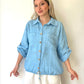 Açık Mavi, %100 Keten, Beli İp Bağlamalı Gömlek