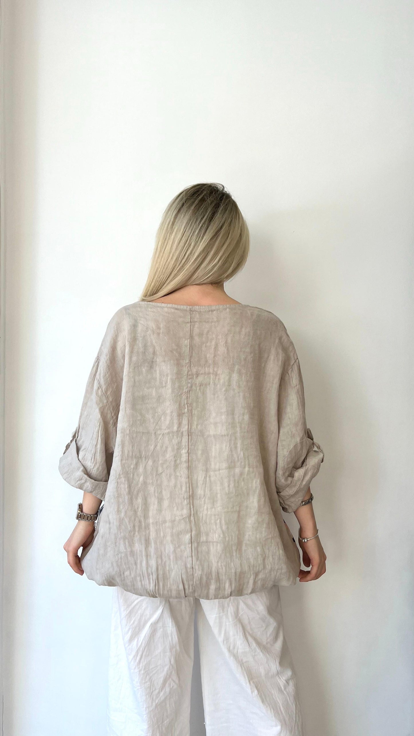 Bej, %100 Keten, Beli İp Bağlamalı, Çiçek Baskılı Gömlek