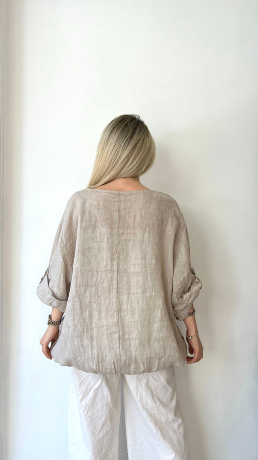 Bej, %100 Keten, Beli İp Bağlamalı, Çiçek Baskılı Gömlek