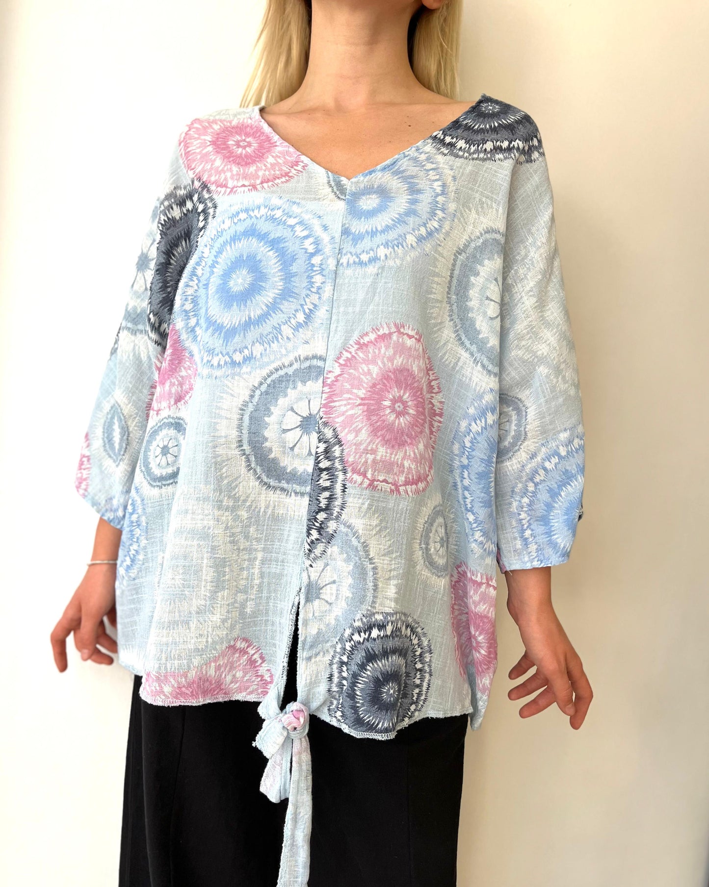 Mavi, Batik Desenli, %100 Pamuk, Oversize Bluz