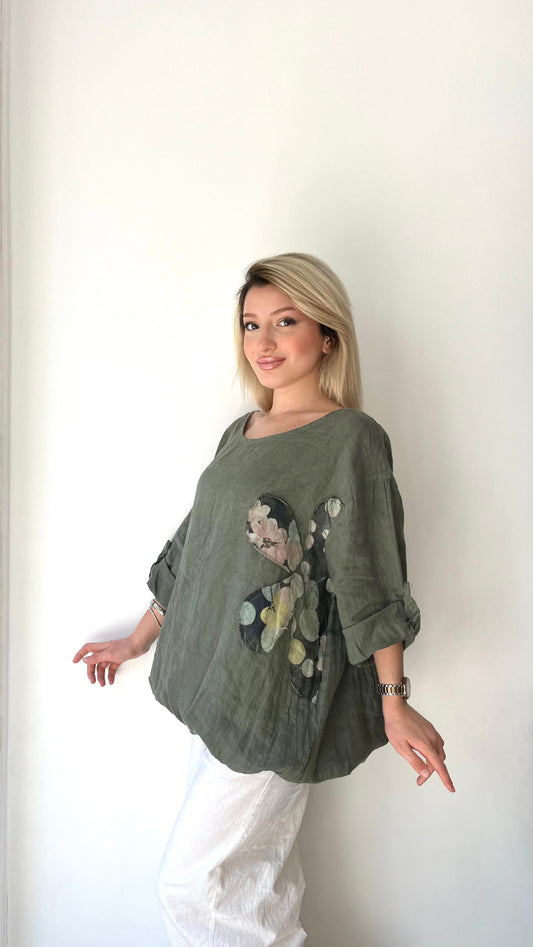 Haki, %100 Keten, Beli İp Bağlamalı, Çiçek Baskılı Gömlek