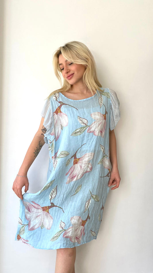 Açık Mavi, İpek Kol Detaylı, %100 Keten Elbise