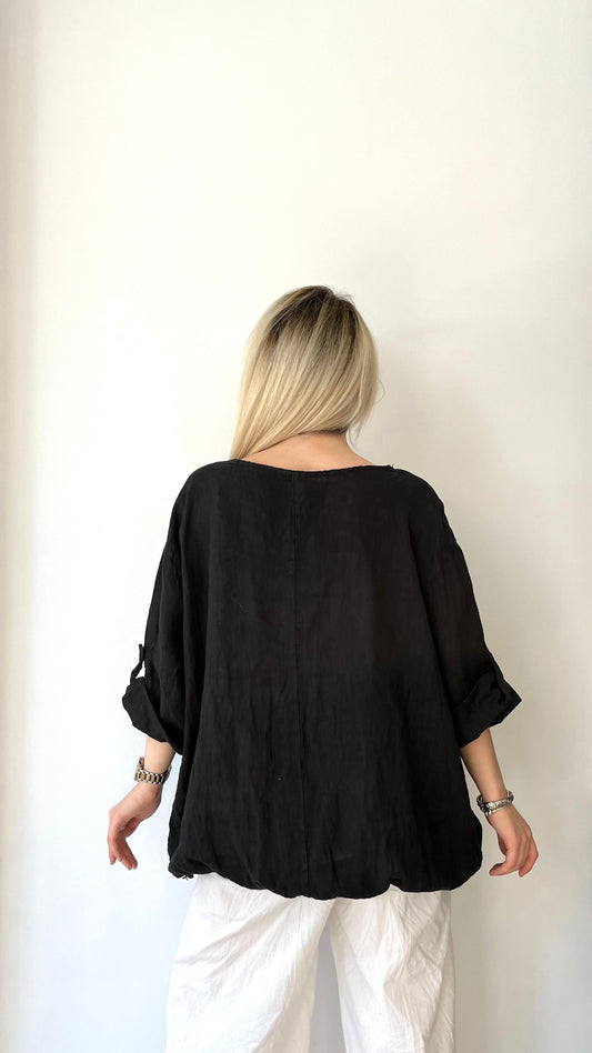 Siyah, %100 Keten, Beli İp Bağlamalı, Çiçek Baskılı Gömlek