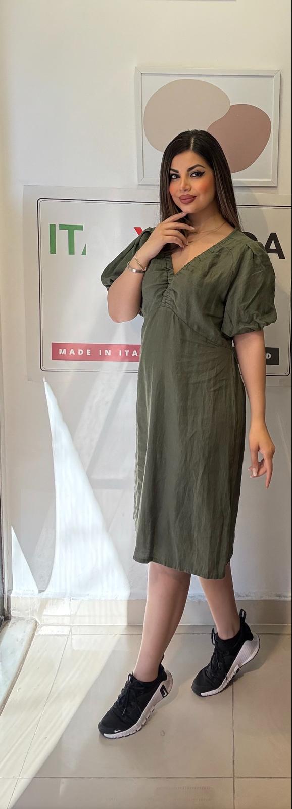 Haki, %100 Keten, V Yaka, İtalyan Elbise / STD Beden-38/46