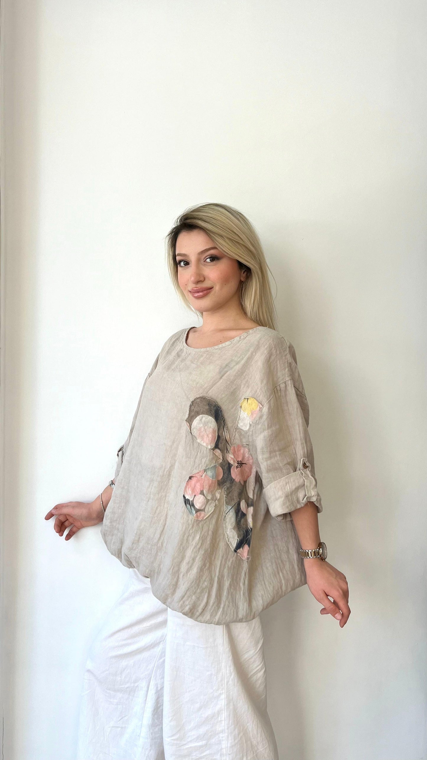 Bej, %100 Keten, Beli İp Bağlamalı, Çiçek Baskılı Gömlek