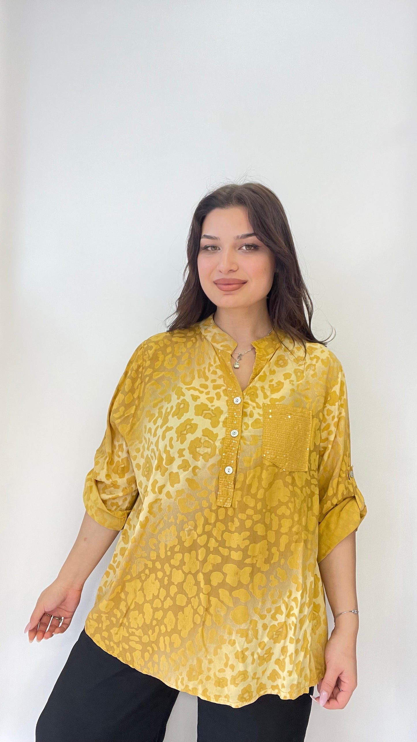 Sarı, %100 Viskon, Dalgalı Leopar Desenli, Payetli Gömlek