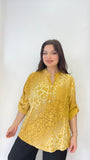 Sarı, %100 Viskon, Dalgalı Leopar Desenli, Payetli Gömlek