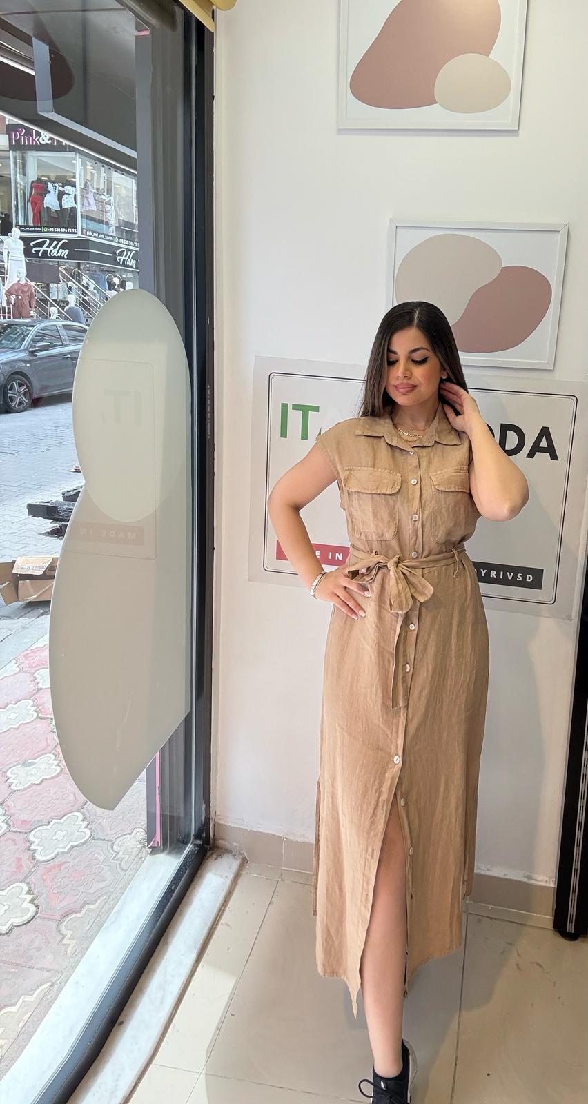 Camel, %100 Keten, Eteği Yanlardan Yırtmaçlı, İtalyan Gömlek Elbise / STD Beden-38/46