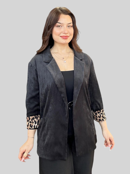 Siyah, Leopar Desen Astarlı, Süet Dokulu Ceket