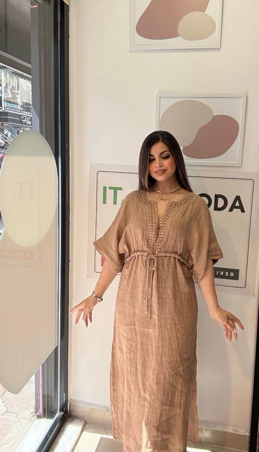 Camel, %100 Keten, V Yaka, Eteği Yanlardan Yırtmaçlı, İtalyan Kimono Elbise / STD Beden-38/46