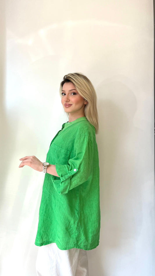 Yeşil, %100 Keten, Sırtı Dantel Detaylı Gömlek