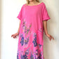 Pembe, %100 Pamuk, Çiçek Baskılı, Yan Yırtmaçlı, Oversize, Uzun Elbise