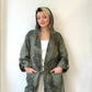 Haki, %100 Keten, Kapüşonlu, Beli İp Bağlamalı, Cepli, Çiçek Desenli Ceket