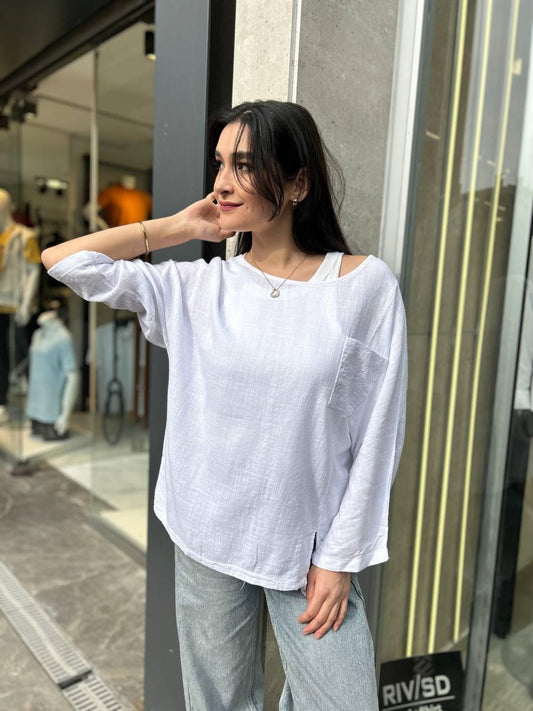 Beyaz, %100 Pamuk, Cep Kısmı Payet İşli, Beli İp Ayarlı, Dokulu Bluz/Gömlek / STD Beden, 36/42