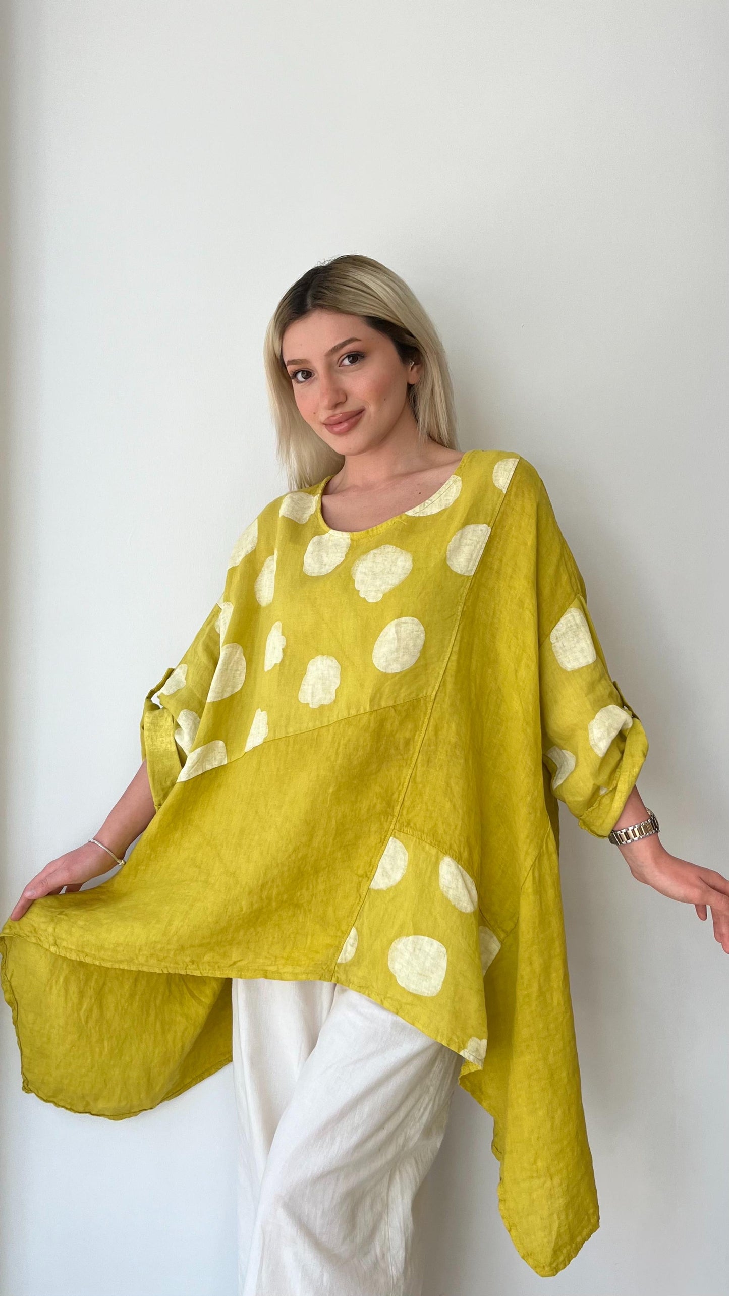 Sarı, Puantiyeli, Oversize Keten Bluz