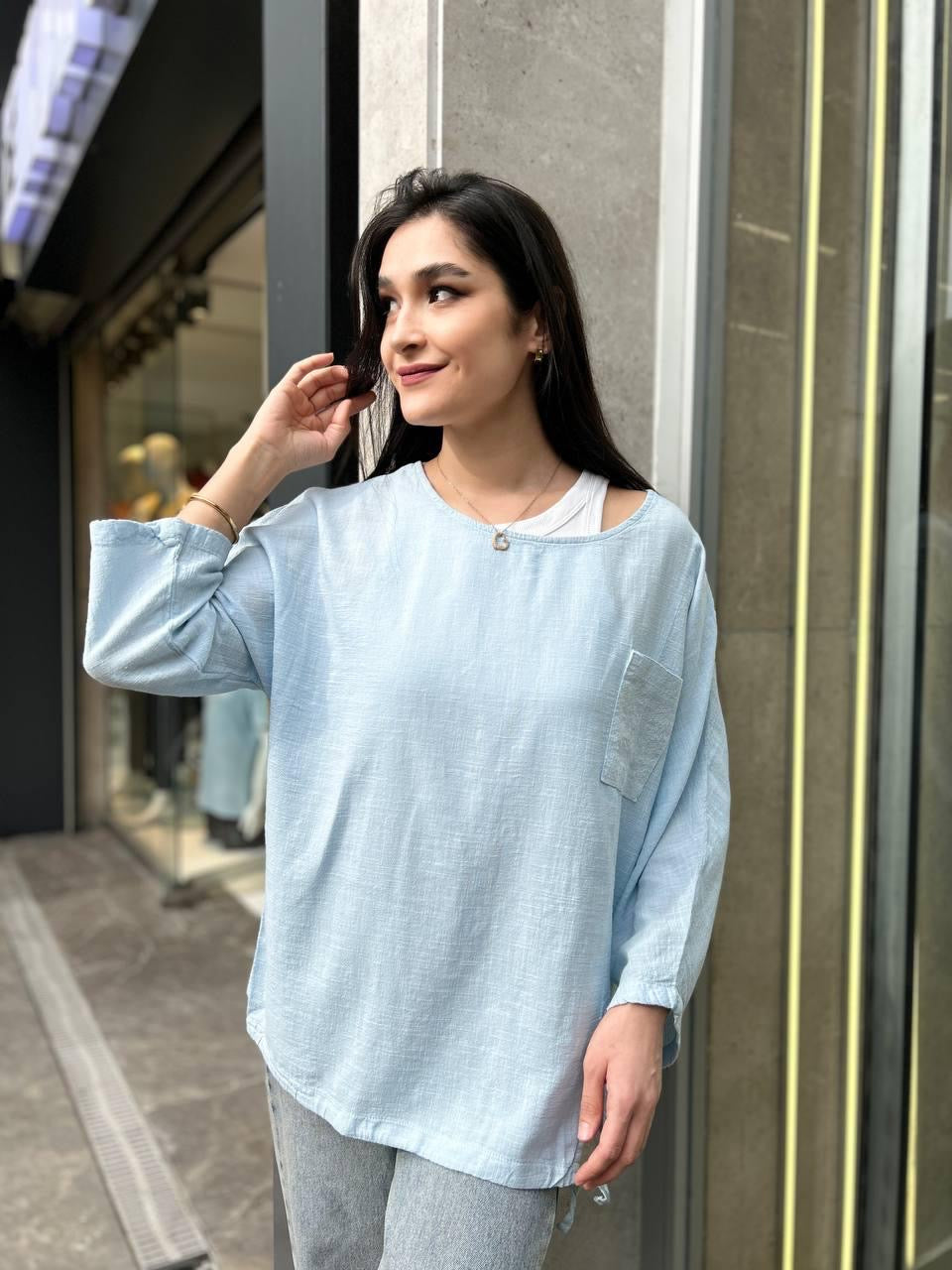 Mavi, %100 Pamuk, Cep Kısmı Payet İşli, Beli İp Ayarlı, Dokulu Bluz/Gömlek / STD Beden, 36/42