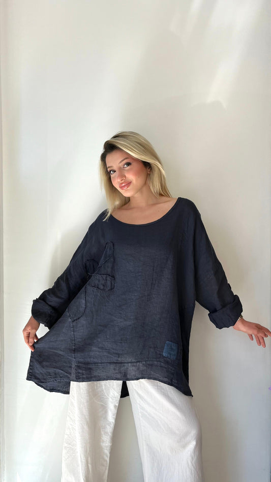 Lacivert, %100 Keten, Çiçek Detaylı, Arkası Uzun Bluz