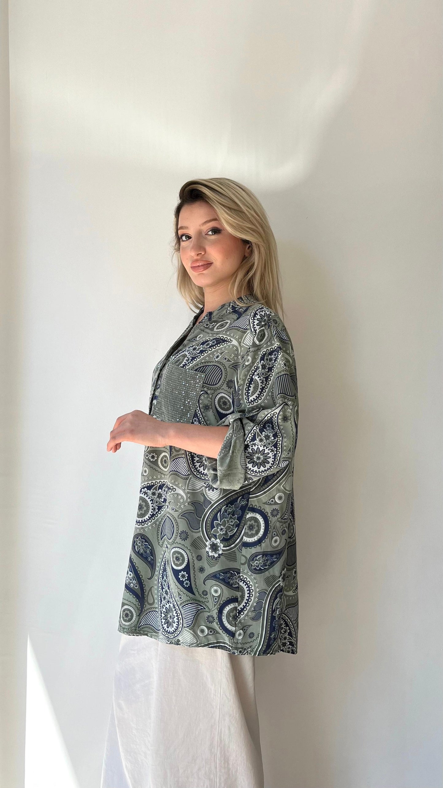 Haki Yeşil, %100 Viskon, Şal Desenli Gömlek