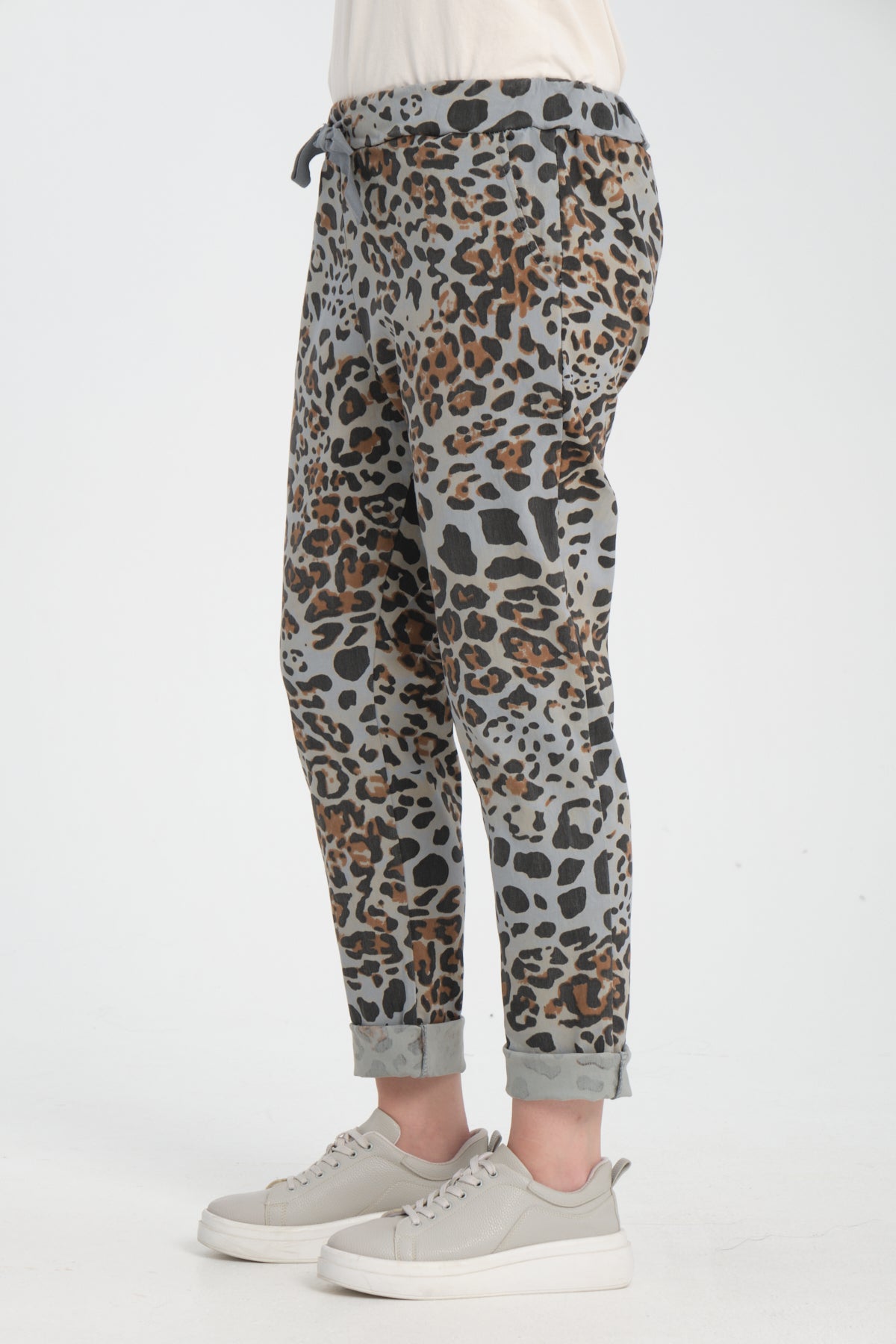 Gri, Leopar Desenli, Beli Lastikli, Cepli, Jogger Pantolon