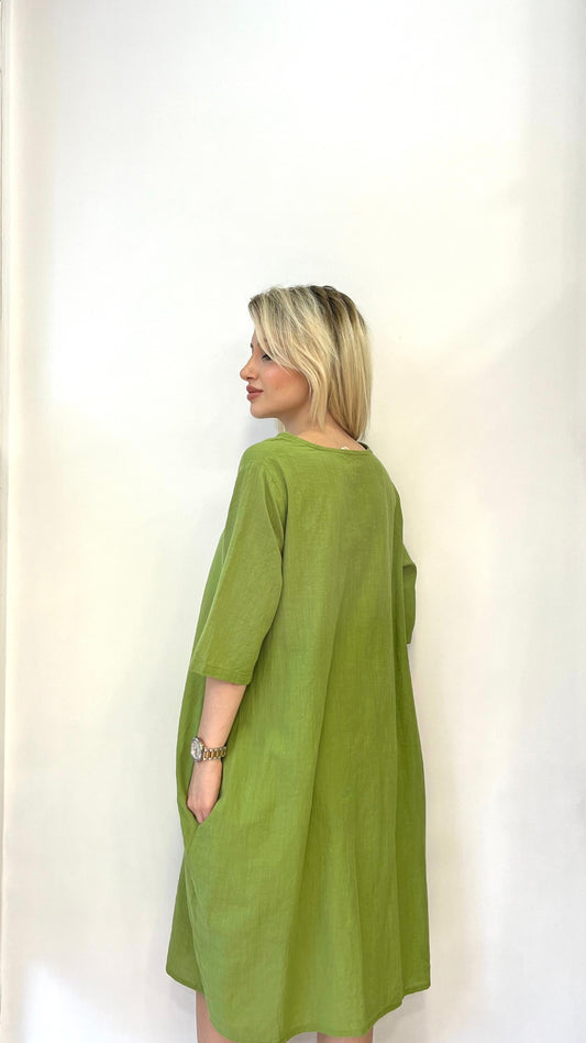 Yeşil, %100 Pamuk, Cepli, V Yaka Elbise