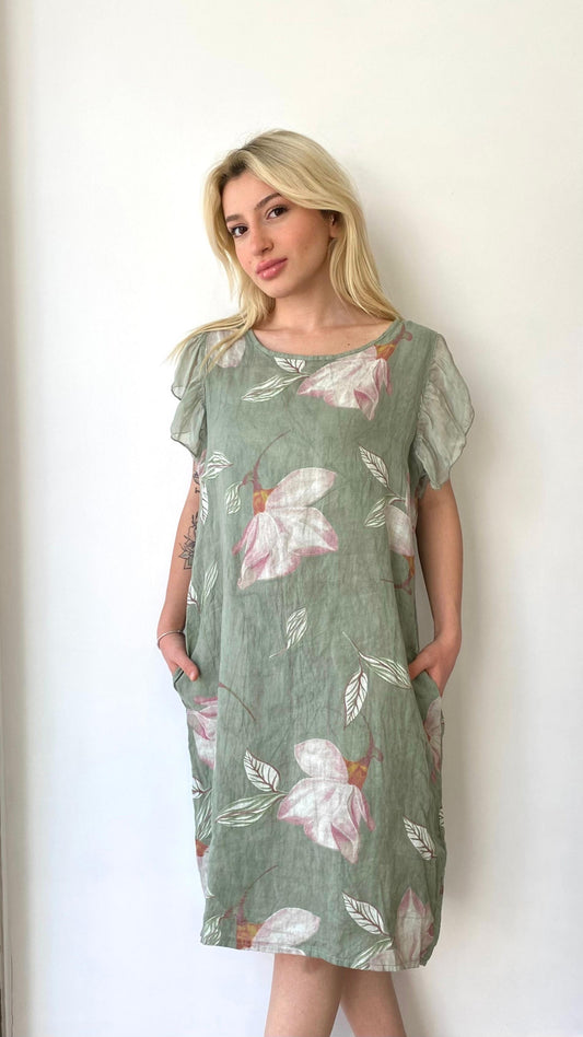 Açık Yeşil, İpek Kol Detaylı, %100 Keten Elbise