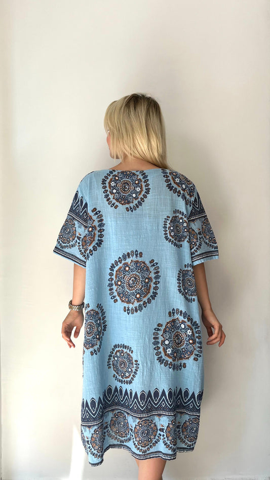 Açık Mavi, %100 Pamuk, Cepli, Etnik Desenli Elbise