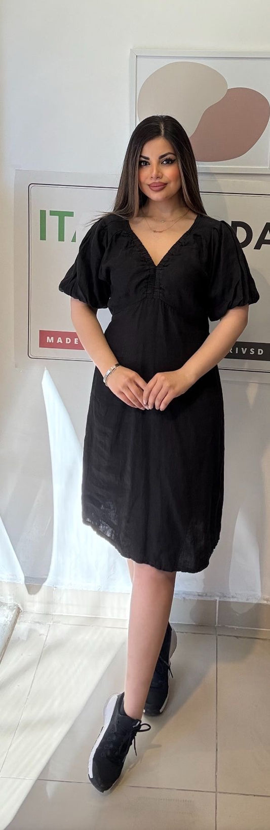 Siyah, %100 Keten, V Yaka, İtalyan Elbise / STD Beden-38/46