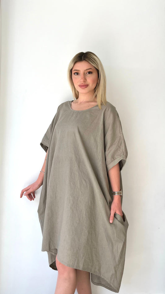 Vizon, Sırtı Örgü Dantelli, Cepli, Keten-Pamuk Oversize Elbise