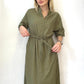 Haki, %100 Pamuk, Beli İp Bağlamalı, Cepli Elbise