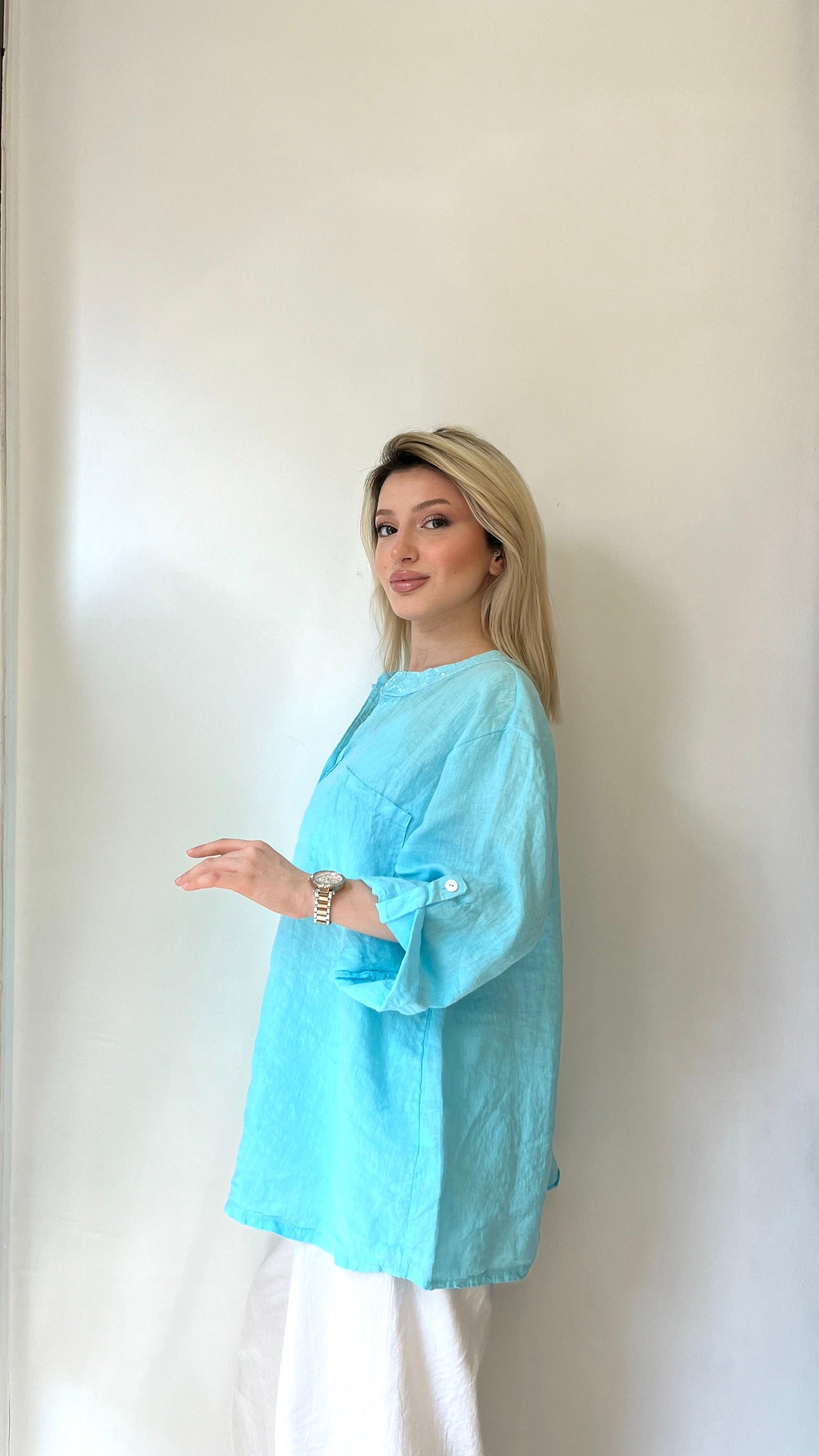 Açık Mavi, %100 Keten, Sırtı Dantel Detaylı Gömlek