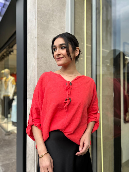 Kırmızı, %100 Pamuk, Bağcık Detaylı, Dokulu Bluz/Gömlek / STD Beden, 36/42