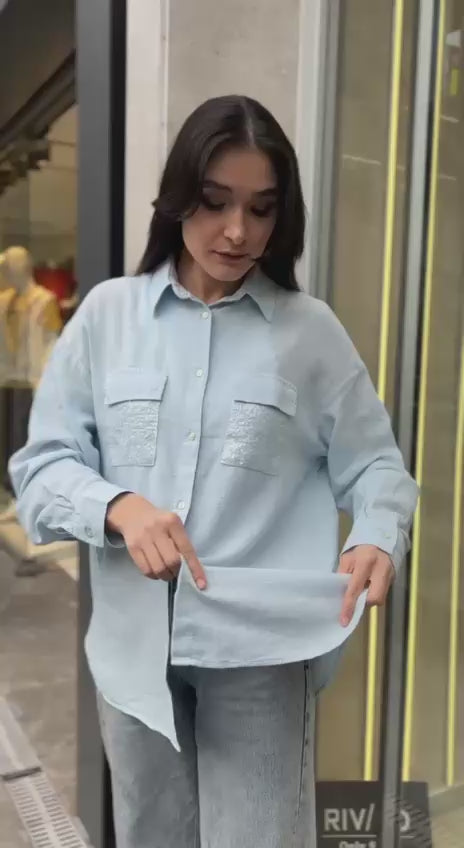 Mavi, %100 Pamuk, Cep Kısmı Payet İşli, Dokulu Gömlek / STD Beden, 36/42